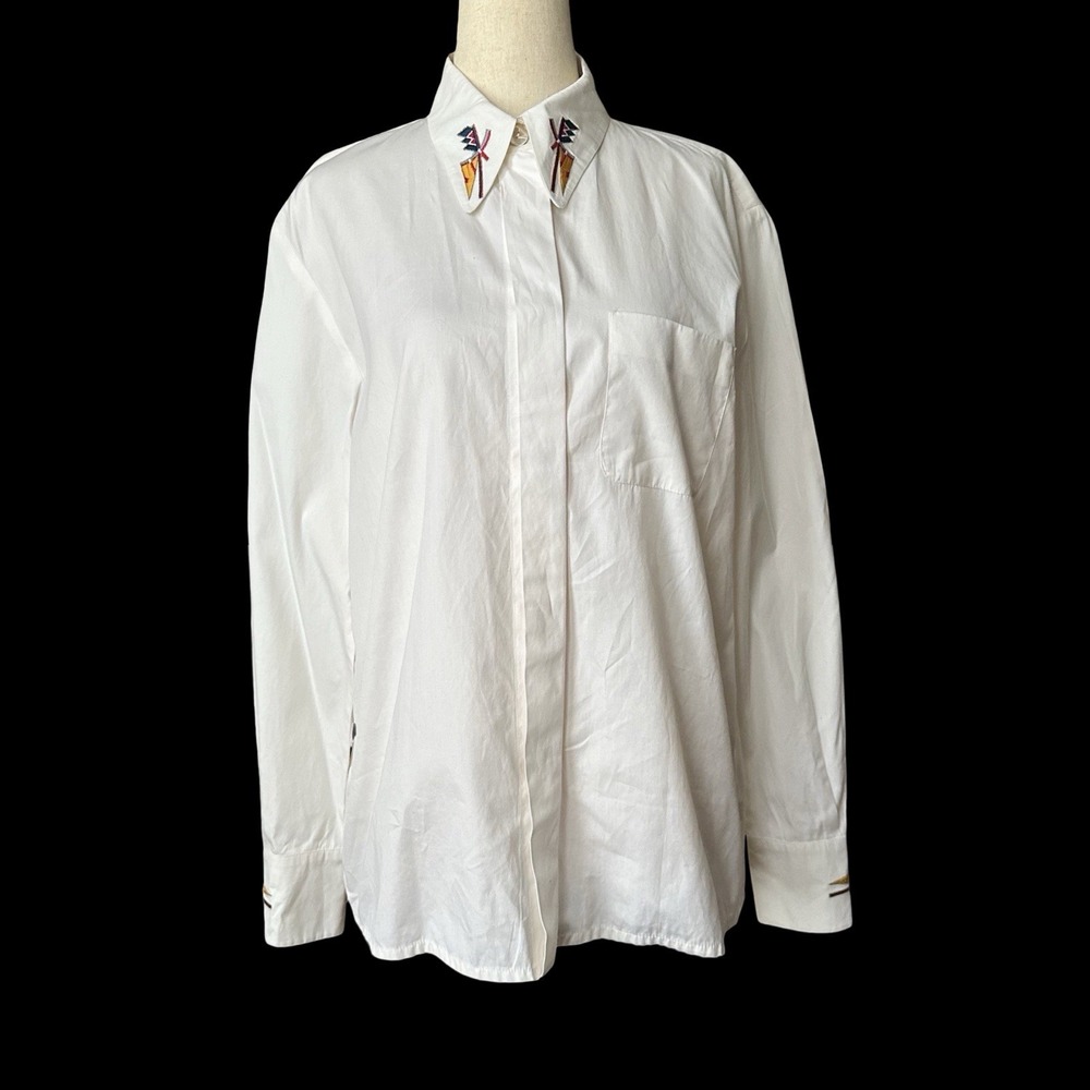 Vintage Crisca Italy 100% Cotton Embroidered Shirt Button Up Women's Sz 38 US 4